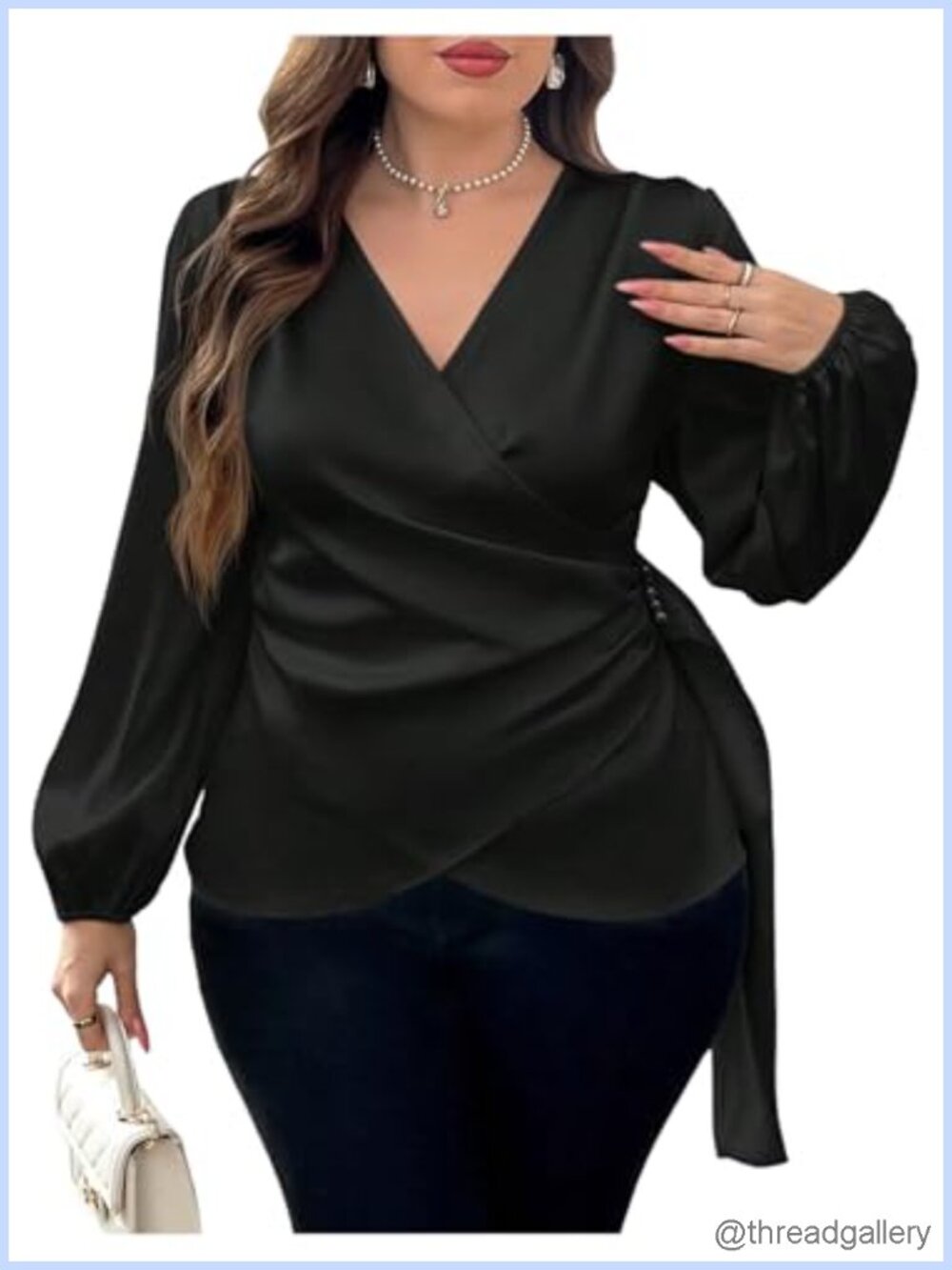 Plus Size Satin Asymmetric Wrap Top Cocktail Blouse